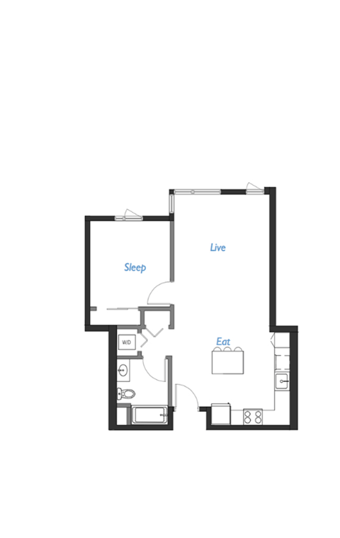Floor plan for 1 bed, 1 bath, 804 sqft